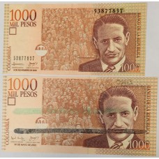 COLUMBIA 2003 . ONE THOUSAND 1,000 PESOS BANKNOTE . ERROR . NO SERIALS